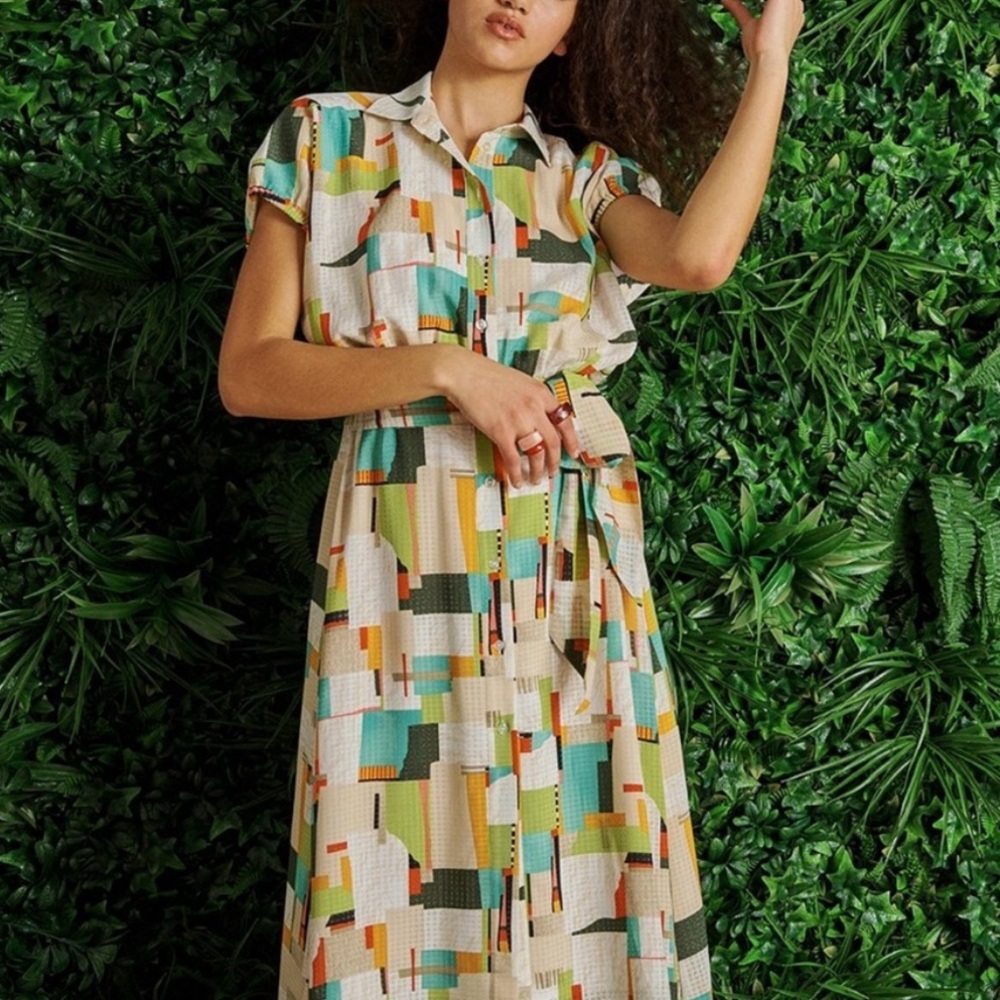 NEW WITH TAG / LDT Darcy Patch Print Point Collar Cap Sleeve Maxi Shirt Dress
